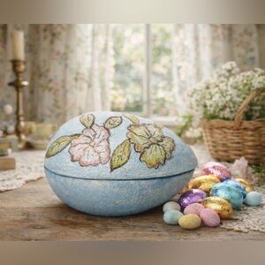Vtg Ceramic Easter Egg Candy Dish Hand Painted Trinket Dish Floral Pastel Unique